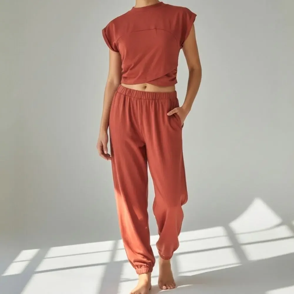 Cupshe Rust Orange Jersey Wide Leg Pants & Cropped Wrap Top Women's Size S NWT - Picture 1 of 16